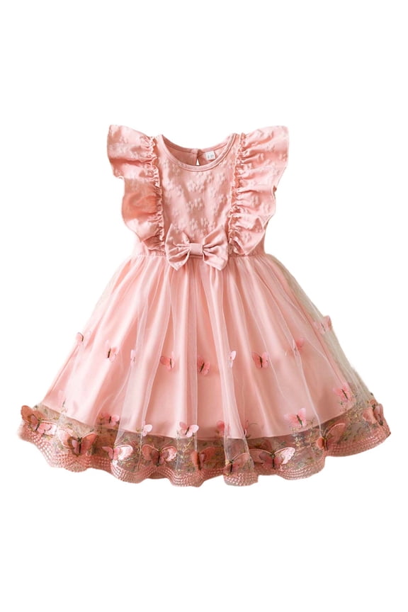 Toddler Easter Dress Baby Girls Ruffle Sleeve Dresses Floral Flower Girl Dress Cute Bowknot Summer Clothes Pink, 12-18 Months