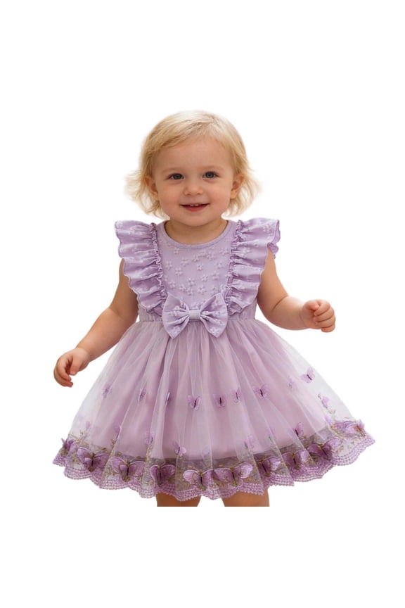 Toddler Easter Dress Baby Girls Ruffle Sleeve Dresses Floral Flower Girl Dress Cute Bowknot Summer Clothes Purple, 12-18 Months
