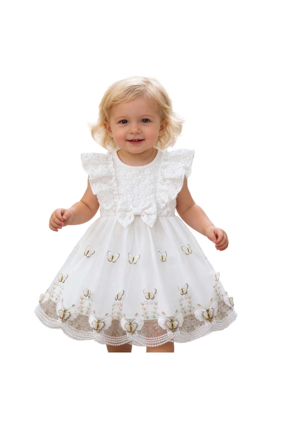 Toddler Easter Dress Baby Girls Ruffle Sleeve Dresses Floral Flower Girl Dress Cute Bowknot Summer Clothes White, 18-24 Months