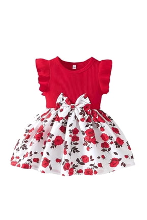 Toddler Easter Dress Baby Girls Ruffle Sleeve Dresses Floral Flower Girl Dress Cute Bowknot Summer Clothes Z01 Red, 18-24 Months