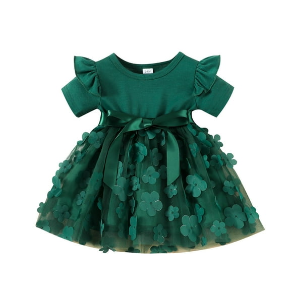 Gelikeya Toddler Easter Dresses 12-18 Months Solid Color Cute Bowknot Design Summer Princess Dress Ruffle Short Sleeve Casual Dress(Toddlers, Z03-Green, 12-18 Months)
