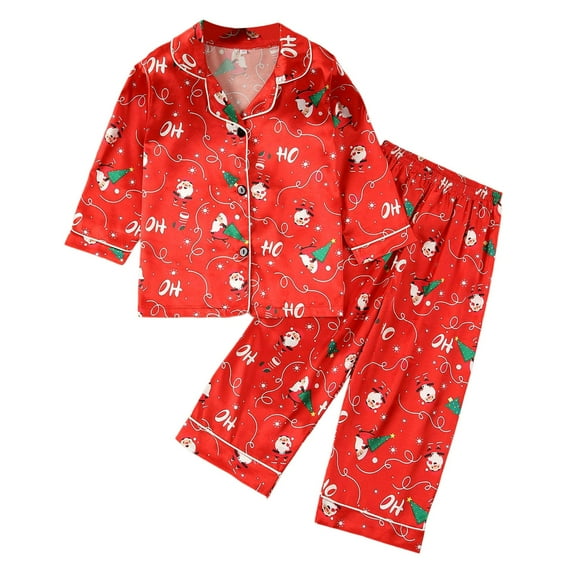 Gelikeya Toddler Girls Christmas Pajamas Silk Satin Collared Button Down Outfits Cute Cartoon Pjs Outfit Sets Kids Clothing #01 Red 18-24 Months