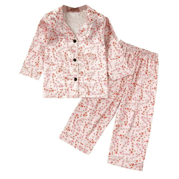 Gelikeya Toddler Girls Christmas Pajamas Silk Satin Collared Button Down Outfits Cute Cartoon Pjs Outfit Sets Kids Clothing #04 Beige 18-24 Months