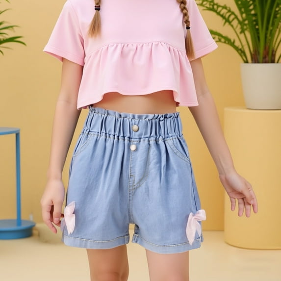 Gelikeya Toddler Girls Jean Shorts Cute Bowknot Flower Summer Casual Elastic Waist Pull On Straight Leg Y2K Baggy Denim Shorts Z07 Blue, 7-8 Years