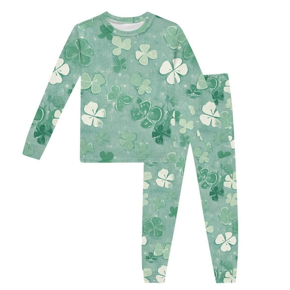 Gelikeya Toddler Girls St Patricks Day Pajamas Cartoon Shamrocks Printed Long Sleeve Shirts Casual Crewneck Pullover Tops and Pants 2 PC Sleepwear Pjs Sets Mint Green 6-7 Years