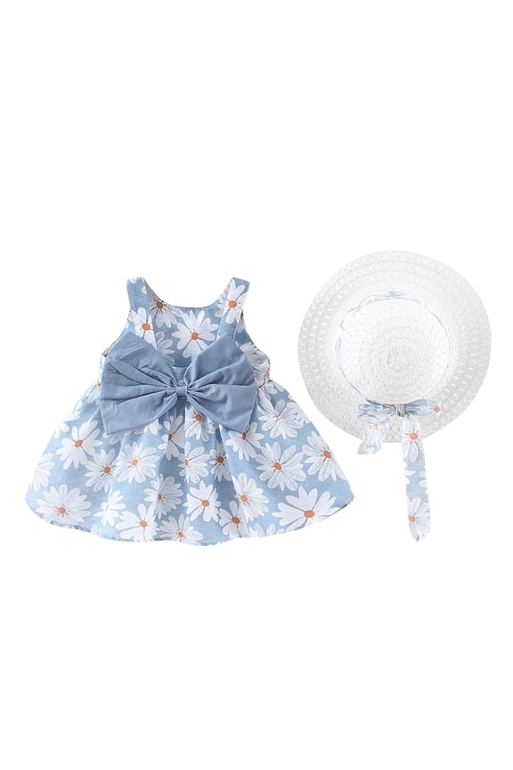 Toddler Girls Summer Dress Baby Girl Casual Clothes Sleeveless Cute Bowknot Fashion Print Beach Sundress with Hat Z02 Blue, 12-18 Months