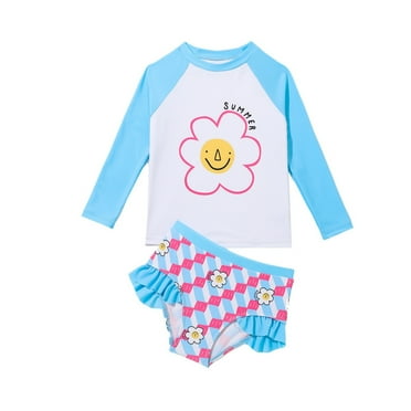 Gelikeya Toddler Girls Swimsuit 4T Two Piece Set with Long Sleeve Rash Guard and Cute Printed Bathing Suit(Toddlers, Light Blue, 4-5 Years)