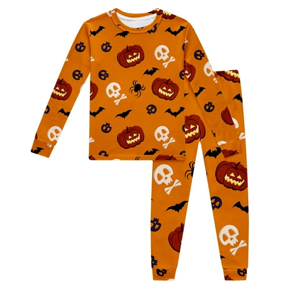 Gelikeya Toddler Halloween Pajamas Kids Boys Girls Long Sleeve Casual Loungewear Pajama Sets 2 Piece Outfits (Orange, 8-9 Years)