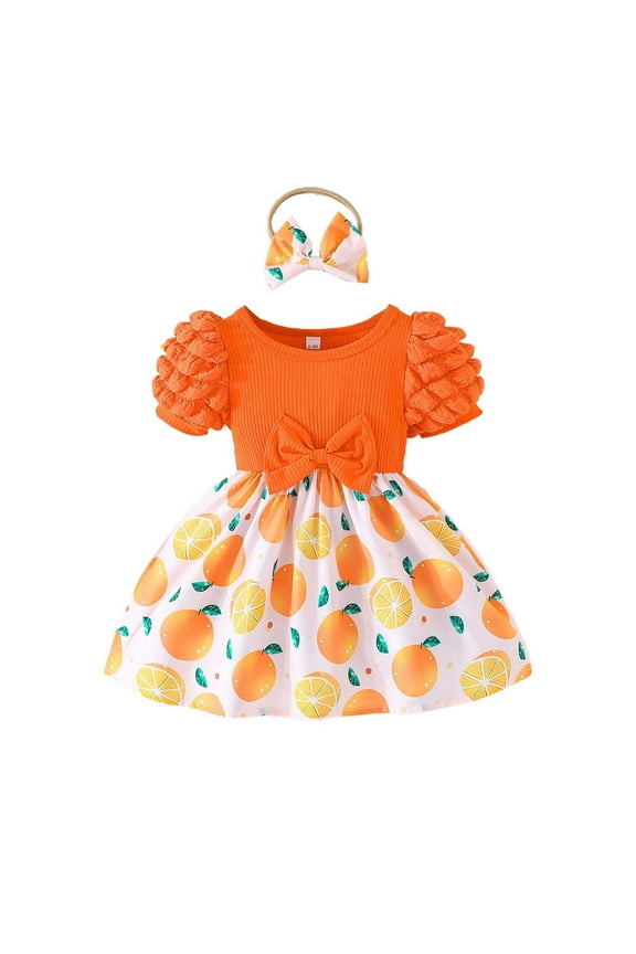 Toddler Baby Girl Floral Dress Puff Sleeve Bowknot Design with Headband Casual Spring Summer Dresses(Toddlers, Z10-Orange, 9-12 Months)