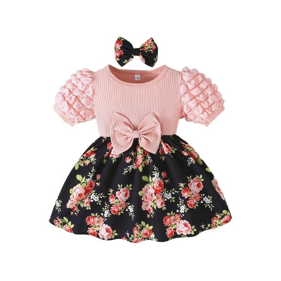 Gelikeya Toddler Baby Girl Floral Dress Puff Sleeve Bowknot Design with Headband Casual Spring Summer Dresses(Toddlers, Z10-Pink, 6-9 Months)