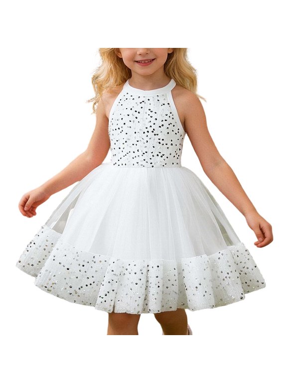 Toddler Kids Easter Dresses for Girls Glitter Sleeveless Flower Girl Dress Birthday Party A-Line Tutu Dress White, 3-4 Years