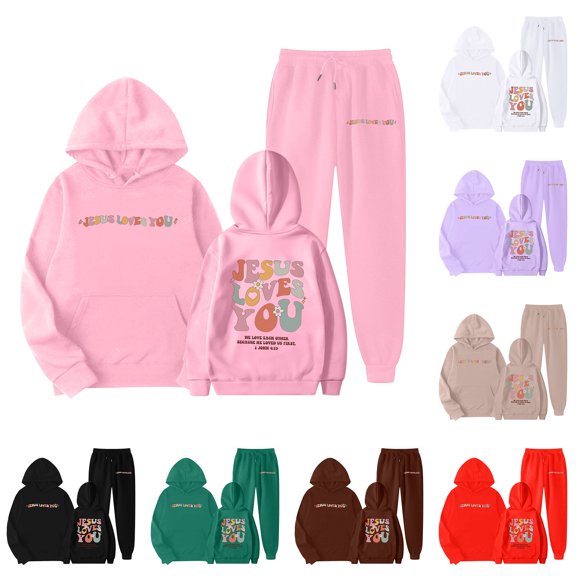 Gelikeya Toddler Kids Girls Fall Winter Outfits Jesus Loves You Hoodie Sweatsuits 2pcs Sweatshirt Pants Clothing Sets 1-9Y (Purple, 4-5 Years)