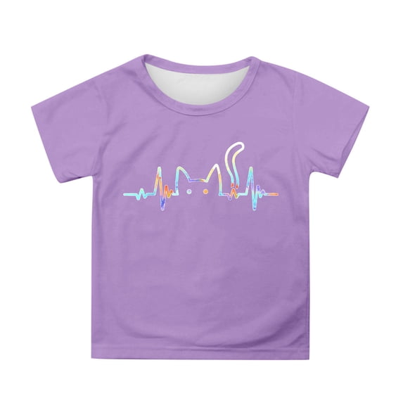 Gelikeya Toddler Kids Girls Shirts Size 6-7 Heartbeat Cat Graphic Tee Causal Short Sleeve T Shirt Soft and Comfortable Summer Clothes Purple 6-7 Years