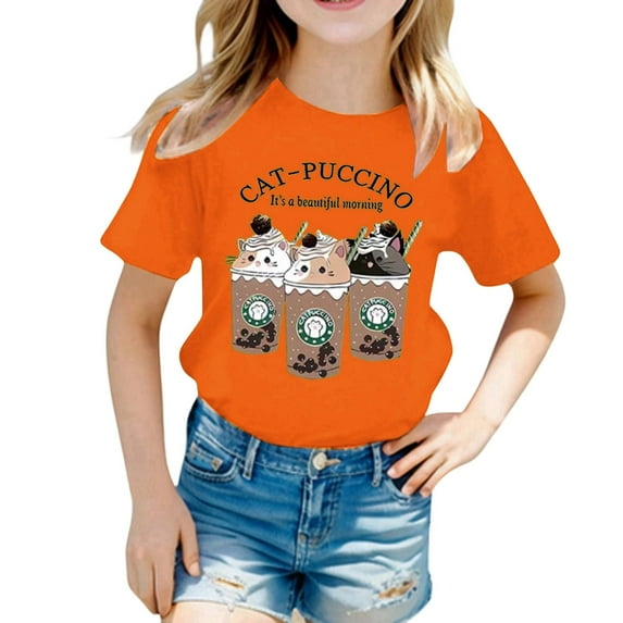 Gelikeya Toddler Kids Girls Shirts Size 6-8 Fashion Cute Printed Casual Round Neck Short Sleeve Shirts Back to School Tops Summer Clothing Orange 6-8 Years