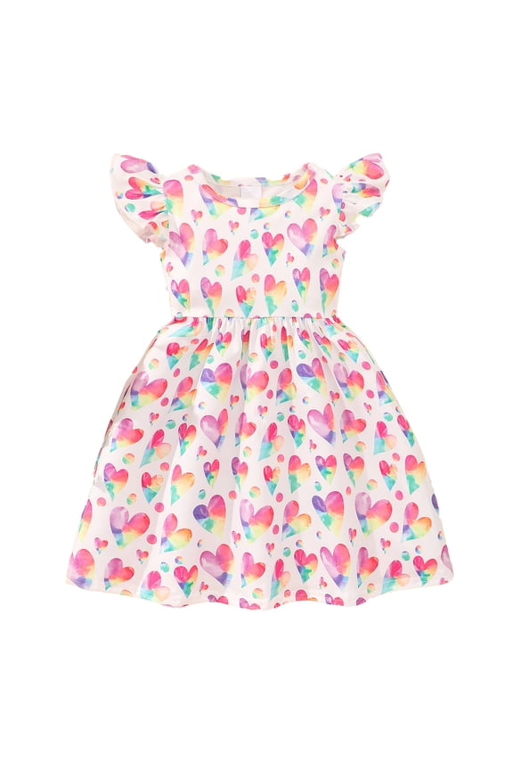 Toddler Little Girl Easter Summer Dresses Kids Cute Heart Printed Casual Flutter Sleeve Tiered Smock Dress 2-10 Years Pink, 4-5 Years