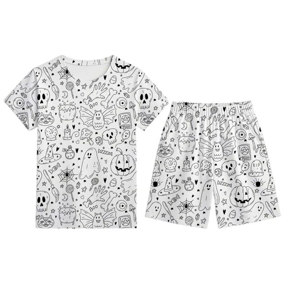 Gelikeya Halloween Colorable Pajamas for Boys Girls Long Sleeved Shirts Shorts/pants 2pcs Outfits Nightwear Cartoon Graphic Pjs Clothing Set