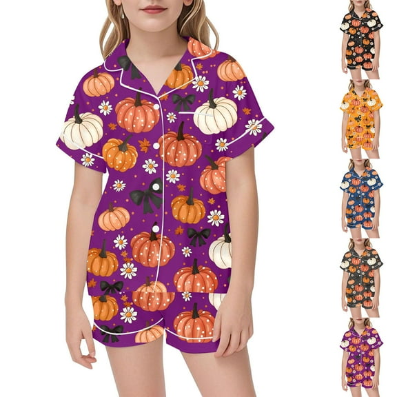 Gelikeya Toddler Silk Pajamas Size 8-9 Halloween Pajamas Button Down T Shirts Shorts 2 Piece Outfits All Saints' Day Nightwear Girls Fashion 2-13Y (Navy, 8-9 Years)