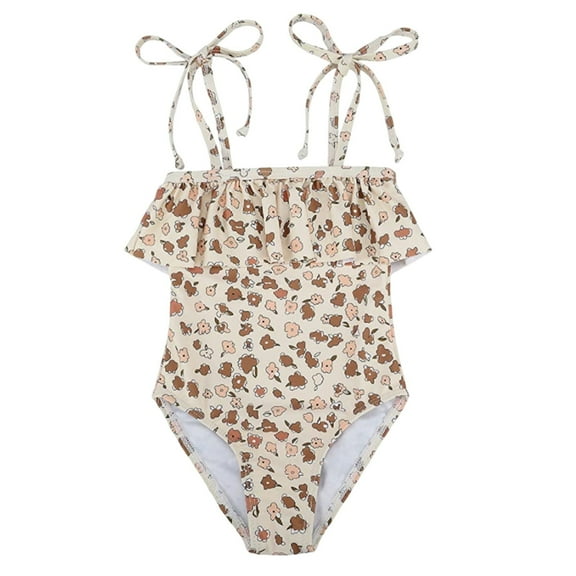 Gelikeya Toddler Swimsuit Size 4-5 Ruffle Trim Spaghetti Straps 1 Piece Bathing Suit Summer Holiday Hawaiian Beach Swimwear (Toddlers, Z09-Khaki)