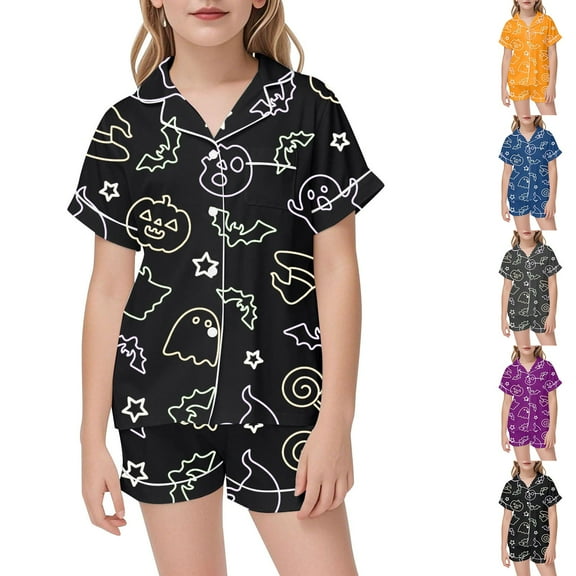 Gelikeya Tween Pajamas 2T-3T Halloween Pajamas Short Sleeve Graphic Tees Shorts 2 Piece Outfits All Saints' Day Nightwear Preppy Clothes 2-13Y (Black, 2-3 Years)