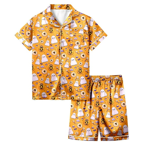 Gelikeya Tween Pajamas Size 6-7 Halloween Pajamas Short Sleeve Tops Shorts 2 Piece Outfits All Saints' Day Sleepwear Preppy Pjs 2-13Y (Orange, 6-7 Years)