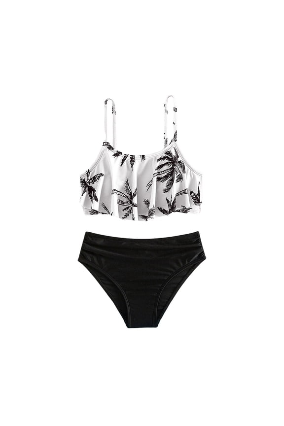 Two Piece Swimsuit for Girls Ruffle Bikini Tops Shorts Bathing Suits Flounce Spaghetti Straps Tankini Swimwear X06 Black, 13-14 Years