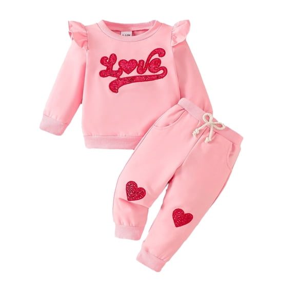 Gelikeya Valentine's Day Toddler Baby Girl Outfits Spring Fall Kids Clothes Fashion Flutter Long Sleeve Ribbed Knit Tops Pants Set, X04 Red & 6-12 Months