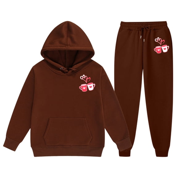 Gelikeya Valentines Day Hoodies Set for Kids Boys Girls Outfits Fashion Print Long Sleeve Sweatshirt Pants 2 Piece Spring Fall Clothes, Brown & 8-9 Years