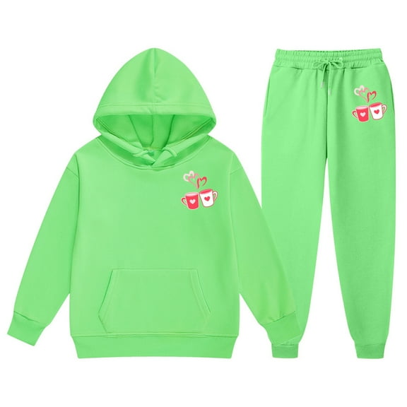 Gelikeya Valentines Day Hoodies Set for Kids Boys Girls Outfits Fashion Print Long Sleeve Sweatshirt Pants 2 Piece Spring Fall Clothes, Green & 10-11 Years