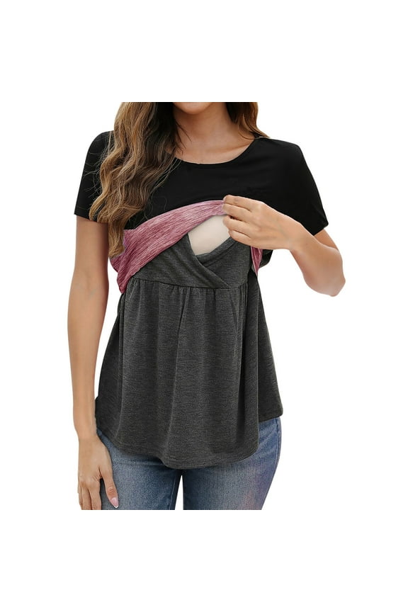 Women's Maternity Shirts Short Sleeves Nursing Tops Double Layer Breastfeeding Tees Pregnancy Clothes Pink, Size L