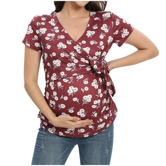 Gelikeya Women's Maternity Tops Short Sleeve V Neck Classic Side Ruched Pregnancy T-Shirt Summer Casual Printed Loose Fit Clothes Red, Size L