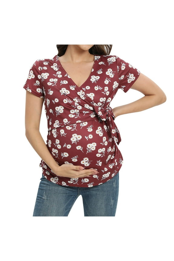 Women's Maternity Tops Short Sleeve V Neck Classic Side Ruched Pregnancy T-Shirt Summer Casual Printed Loose Fit Clothes Red, Size S