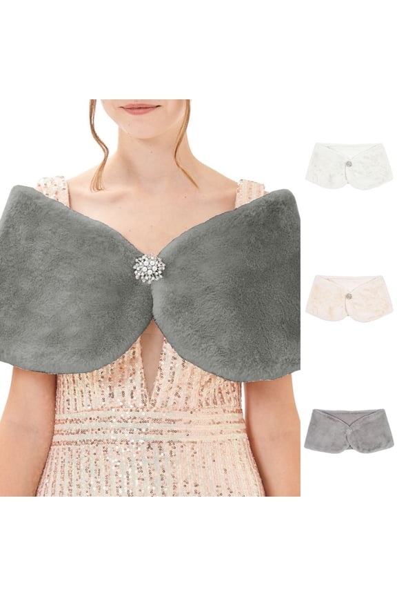 Womens Fauxfur Shawl Wrap Cape for Bridal Wedding Party Bridal with Pearl Rhinestone Brooches, Beige, Size L