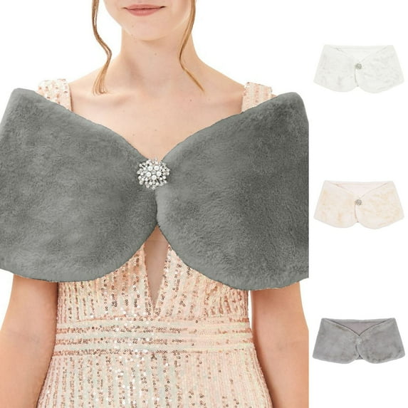 Gelikeya Womens Fauxfur Shawl Wrap Cape for Bridal Wedding Party Bridal with Pearl Rhinestone Brooches, Grey, Size L