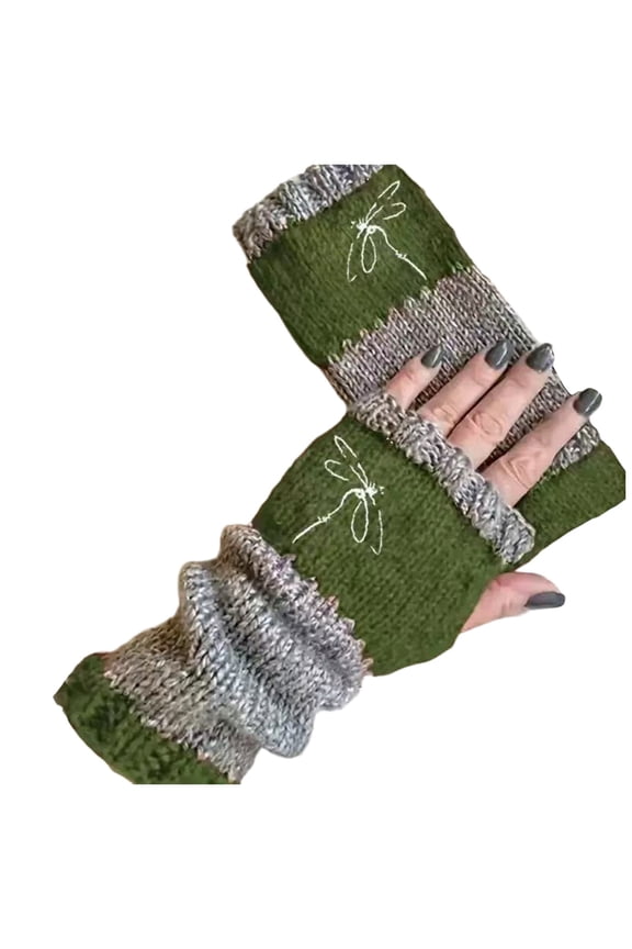 Womens Fingerless Gloves Soft Cozy Fashion Knitted Embroidered Winter Gloves for Cold Weather, Army Green & One Size