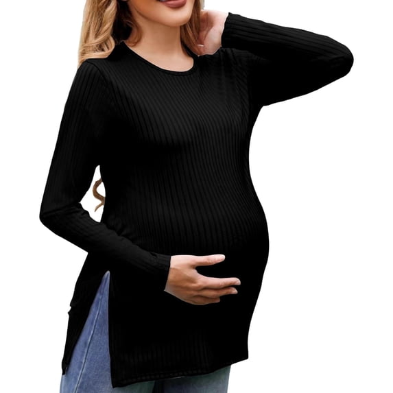 Gelikeya Womens Maternity Long Sleeve Shirts Ribbed Pregnancy Sweaters Crew Neck Split Side Knit Tunic Tee Top Black, Size XL