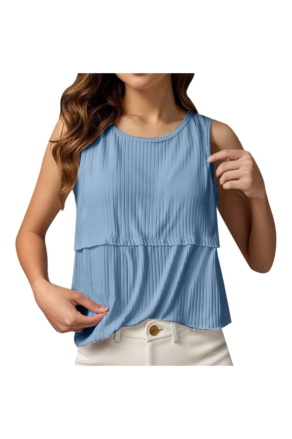Womens Nursing Tank Tops for Breastfeeding Summer Detachable Chest Pad Maternity Shirts Double Layer Pregnancy Clothes Blue, Size M
