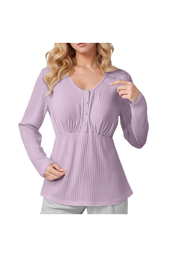 Womens Nursing Tops Maternity Long Sleeve Round Neck T Shirts Breastfeeding Casual Fashion Spring Summer Clothes Purple, Size E