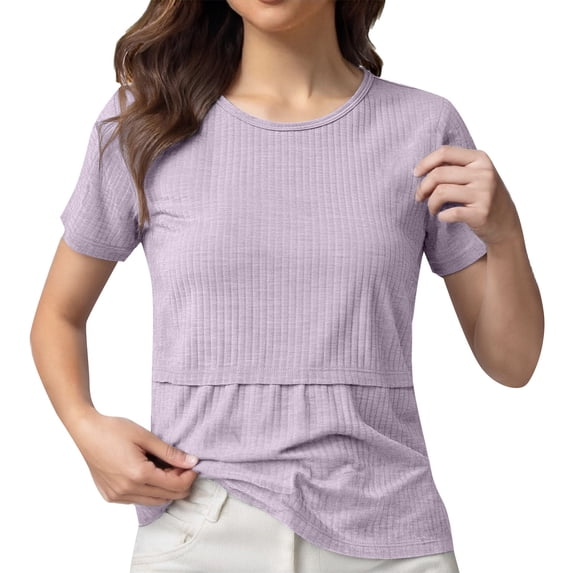 Gelikeya Womens Nursing Tops for Breastfeeding Soft Maternity Shirt Short Sleeve Comfortable Pregnancy Clothes Loungewear Blouse Purple, Size XXXL