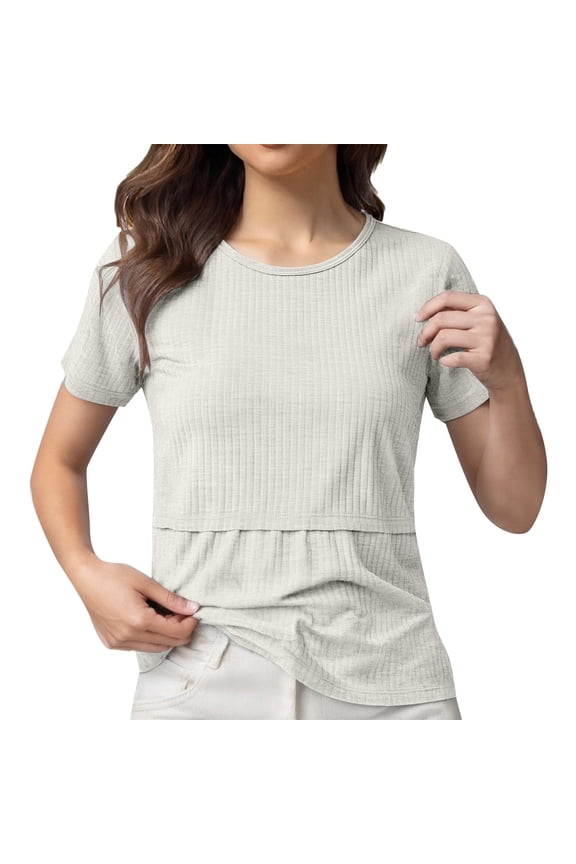 Womens Nursing Tops for Breastfeeding Soft Maternity Shirt Short Sleeve Comfortable Pregnancy Clothes Loungewear Blouse White, Size M