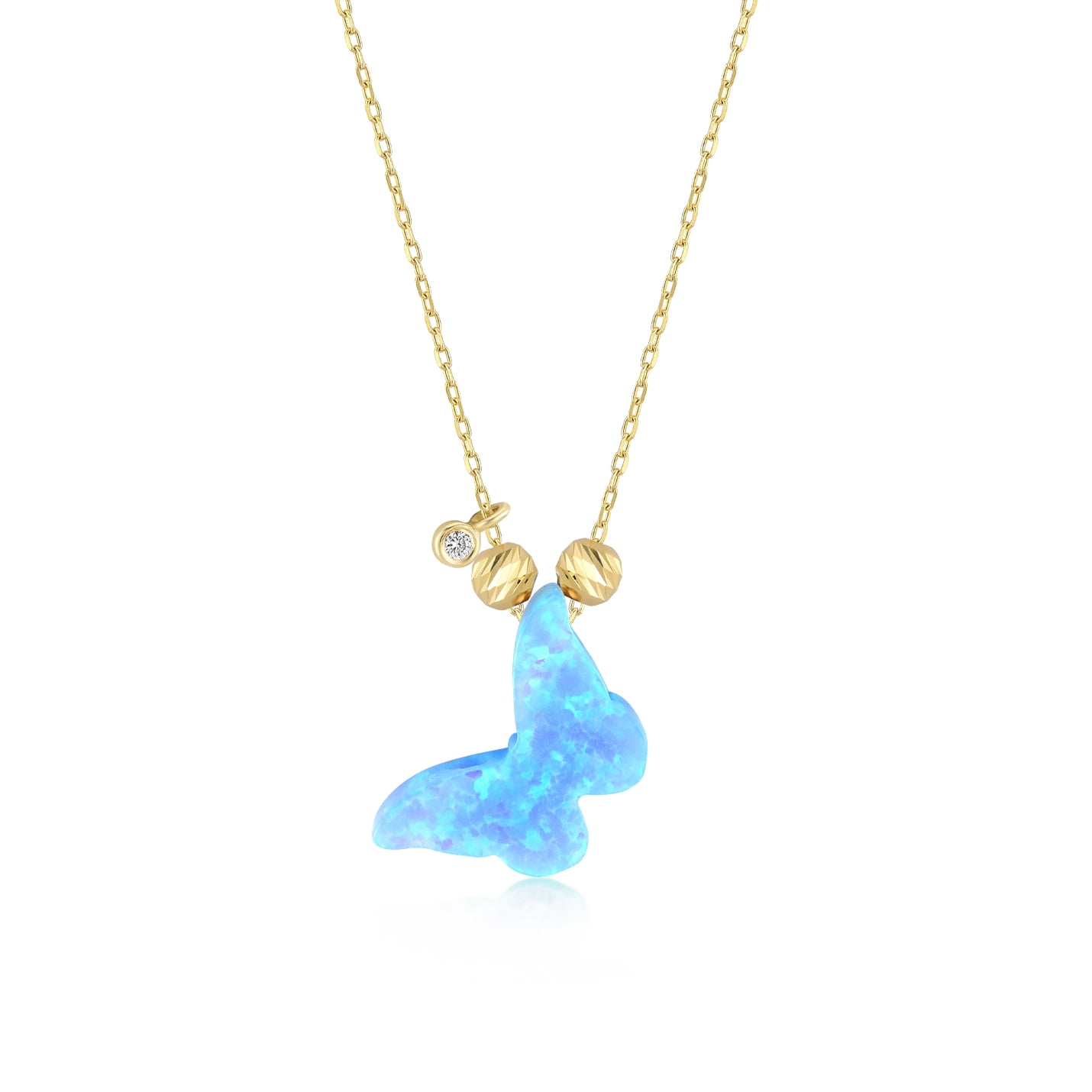 Gelin Diamond Opal Butterfly Pendant Necklace in 14K Solid Gold for Women