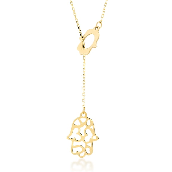 Gelin Hamsa Lariat Necklace in 14K Solid Gold for Women