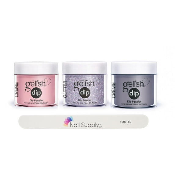 Gelish Professional Grade Salon Quality DIY Acrylic Dip Powder Set of 3 with Free Nail File, Glitter and Creme