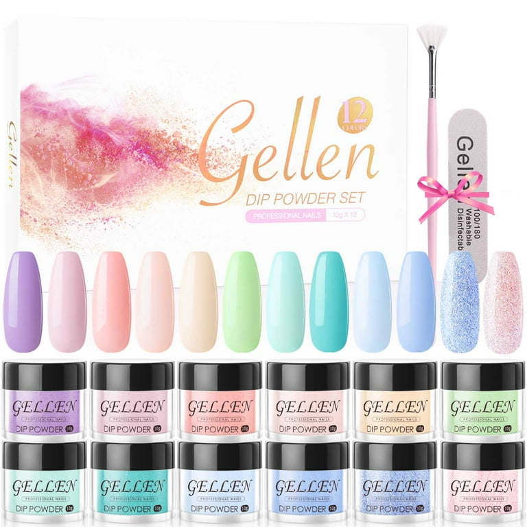 Gellen Dip Powder Nail Kit with 12 Colors Dipping Nail Powder Kit with Dust Brush and Nail File Nail Art Rainbow Candy Series Dip Powder Set