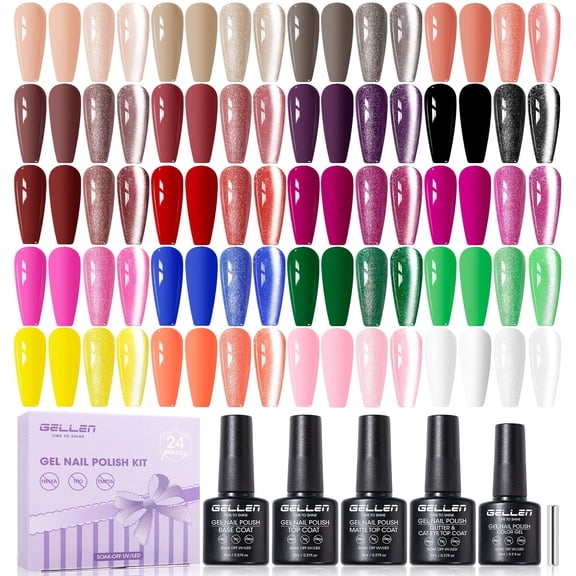 Gellen 24Pcs Gel Nail Polish Set, 20Colors All Seasons Gel Polish with Base Coat & Glossy Matte Cateye Top Coat, HEMA TMPTA TPO 3-Free Red Pink Green White UV Cured Soak off Nail Kit for Women