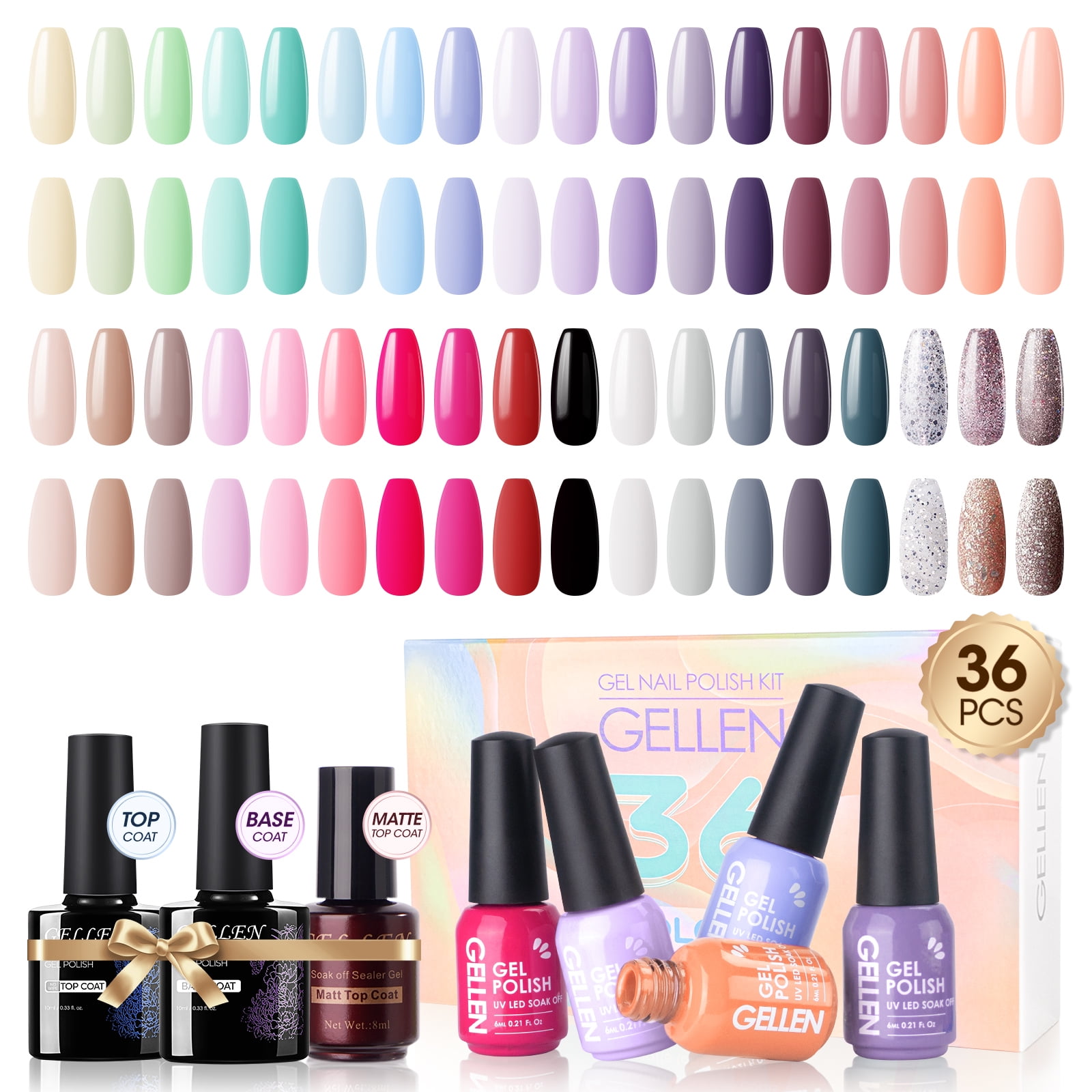 Gellen 39Pcs Gel Nail Polish Kit, 36 Colors Gel Polish Rainbow & Nudes & Grays Soak off UV Nail Gel Polish Set with Glossy Matte Top and Base Coat, DIY Salon Nail Art Valentine Gift for Women