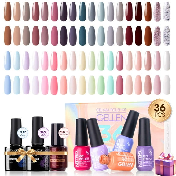 Gellen 39Pcs Gel Nail Polish Kit, 36 Colors Gel Polish Candy & Nudes & Macaroon Soak off UV Nail Gel Polish Set with Glossy Matte Top and Base Coat, DIY Salon Nail Art Valentine Gift for Women