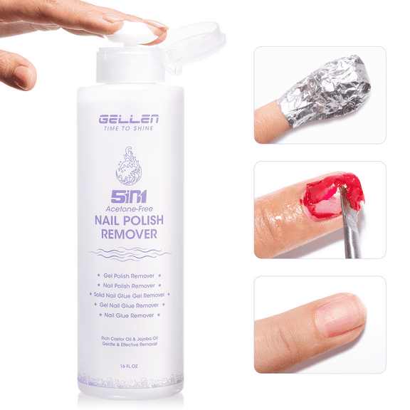 Gellen 5-in-1 Nail Polish Remover Kit, Non Acetone Fast Remover for Regular Nail Polish, UV Gel Polish, Fake Nails, Solid Gel & Nail Glue, Low Odor Nail Polish Remover with Push-down Pump, 16Fl.oz