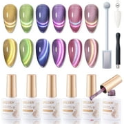 Gellen Cat Eye Gel Nail Polish, 6×10ML Dual Colour Holographic Galaxy Gel Polish Kit with Magnet, Soak Off Glitter Purple Blue Pink Green Yellow UV Nail Gel for Salon Nail Art