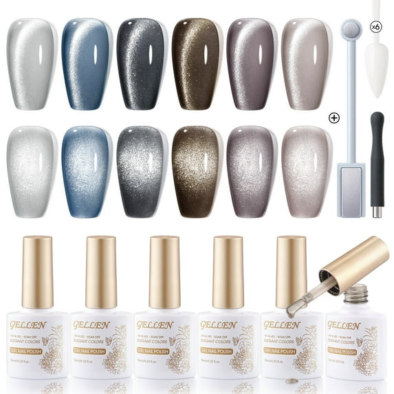 Gellen Cat Eye Gel Nail Polish Kit, 6 Colors Glitter Black Grey Cat Eye Gel Polish with Magnet, Soak Off UV/LED Nail Gel Kit, Salon Nail Art Valentine Gifts for Women