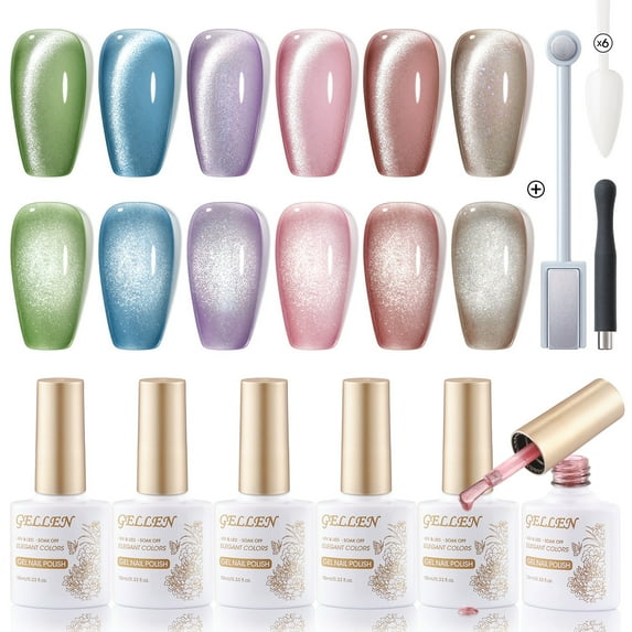 Gellen Cat Eye Gel Nail Polish Kit, 6 Colors Glitter Macaron Cat Eye Gel Polish with Magnet, Soak Off UV/LED Nail Gel Kit, Salon Nail Art Valentine Gifts for Women